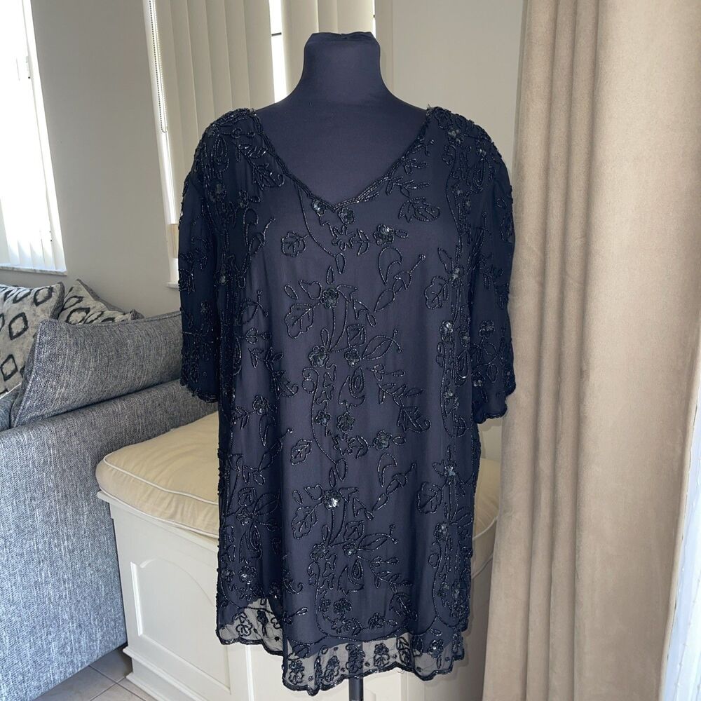 NWT Roaman's Silk Black Sequins Embellished Evening Sheer Top Blouse size 20W